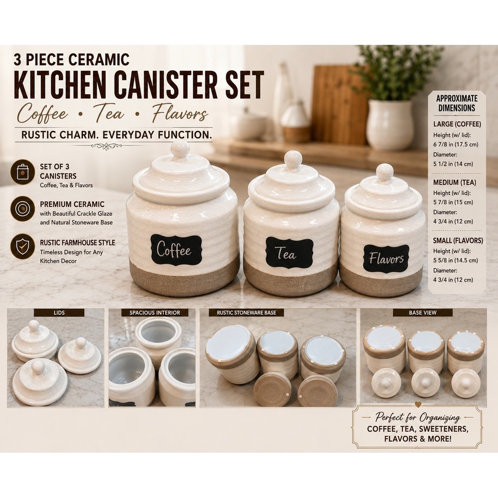 Farmhouse Ceramic Kitchen Canister Set of 3 Coffee Tea‎ Flavors Crackle Glaze